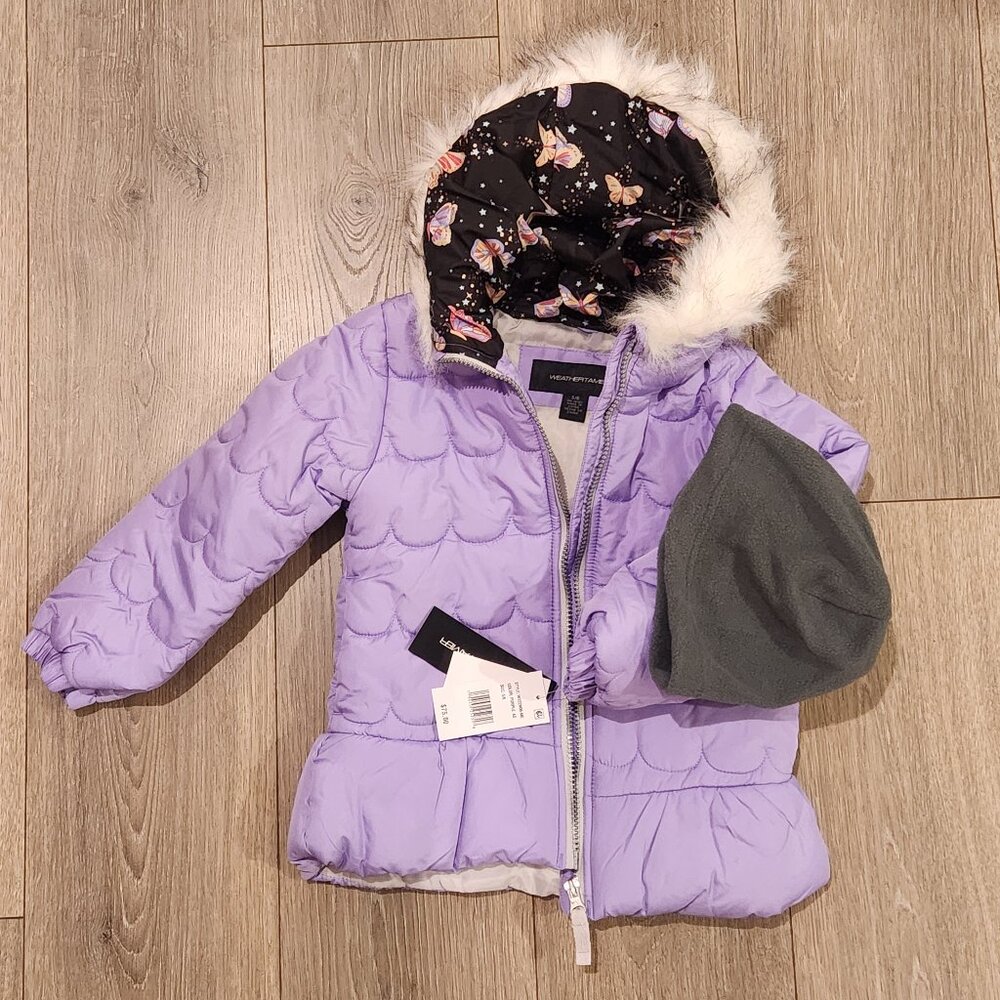 NWT  Macy's Girl 5T Puffer Jacket + Hat Retail $75